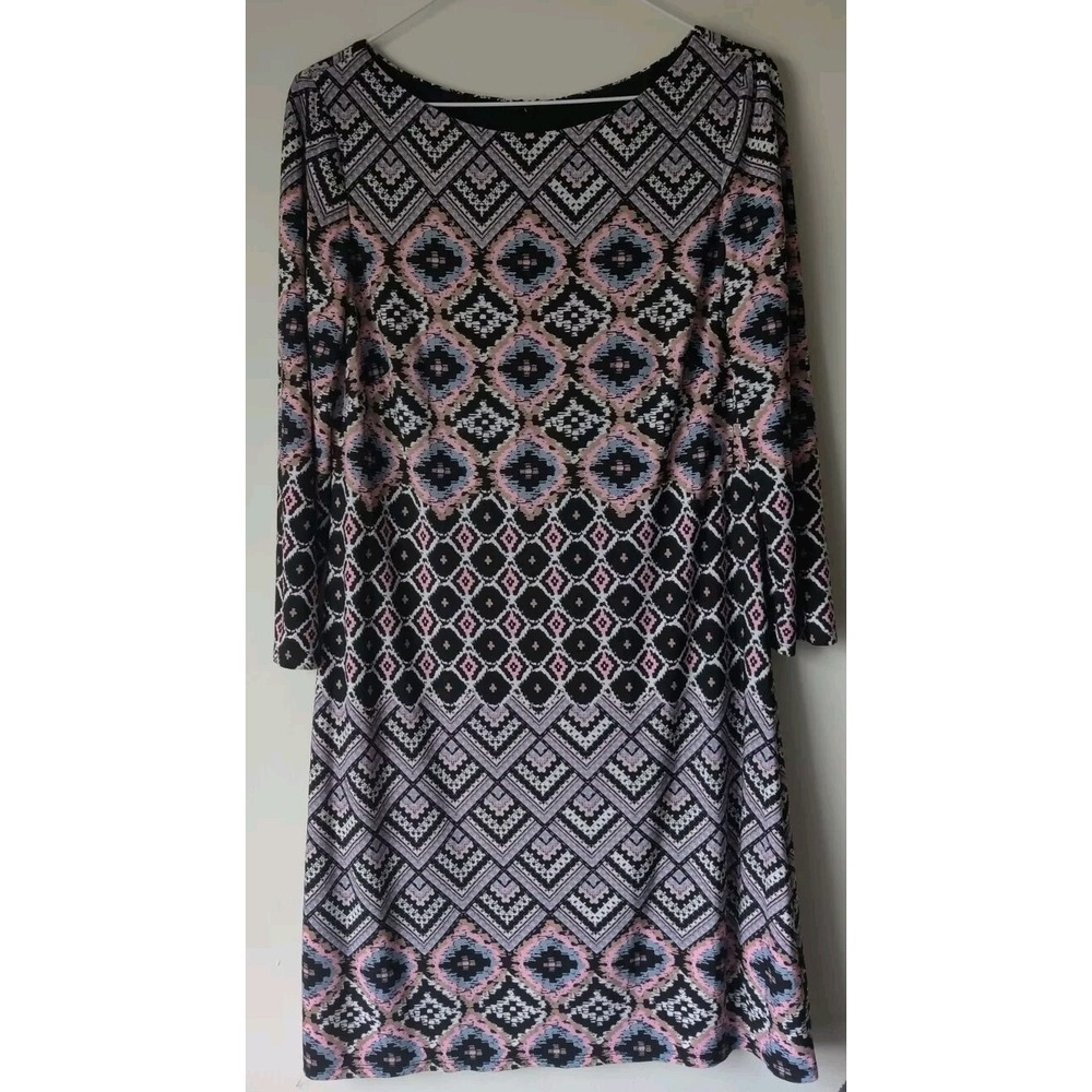 Vince Camuto Geometric Print Black/Pink Long Sleeve Dress Size 8 Zip Back Lined‎
